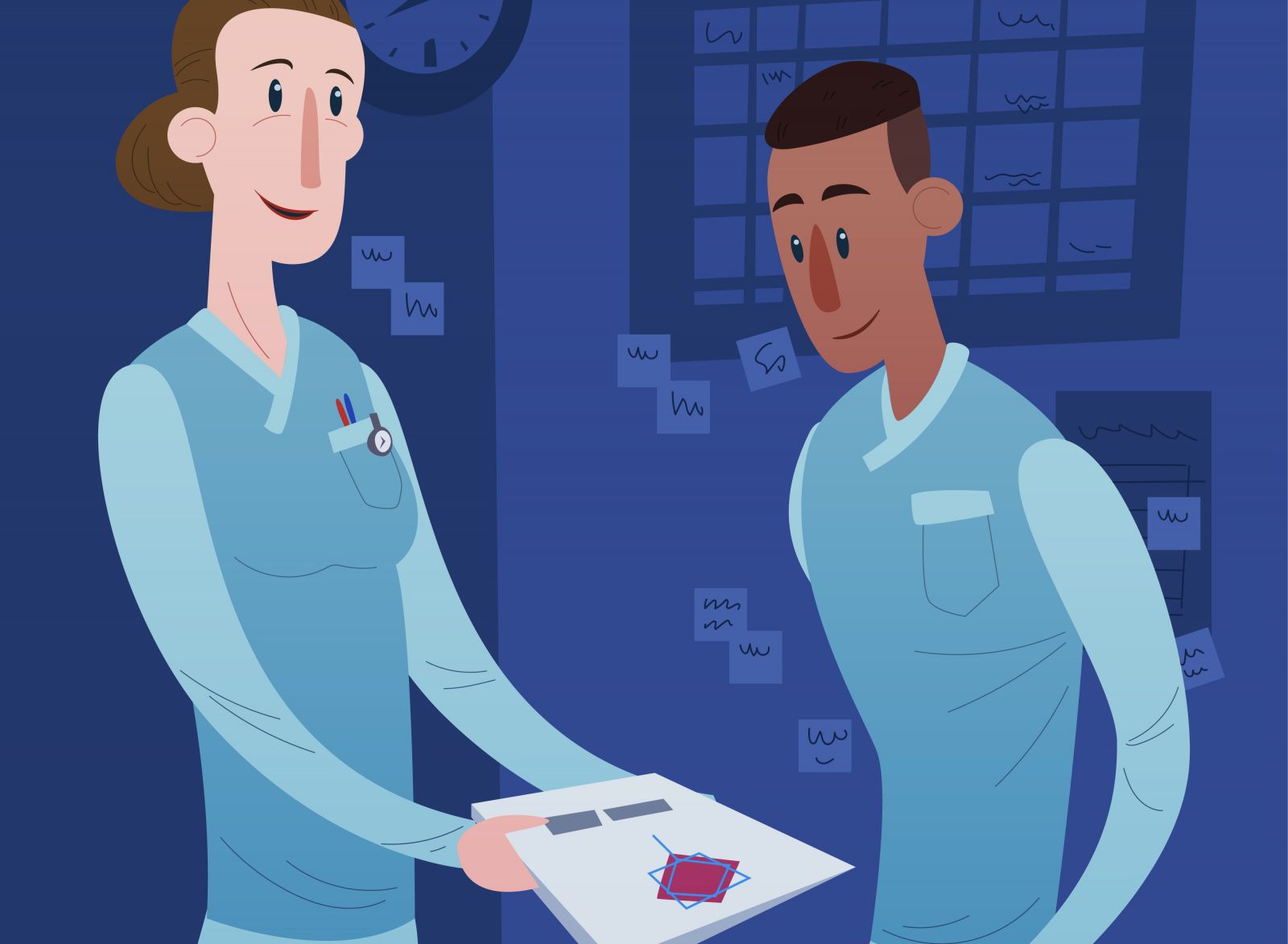 Illustrasjon av to personer som holder en perm