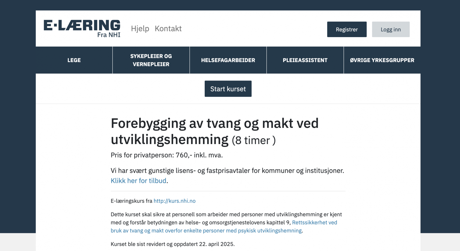 Bilde av nettsiden til NHI som har e-læringen om tvang