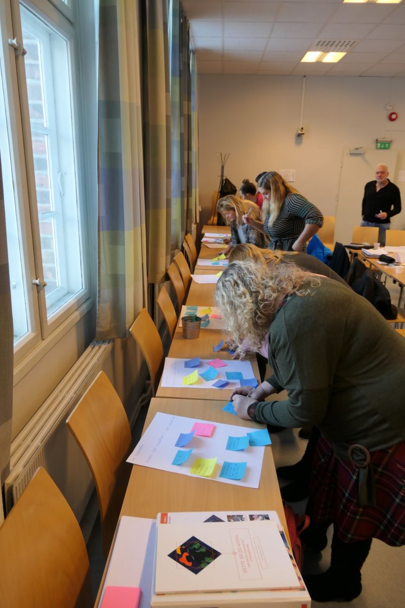 Workshop om problemstillinger. Medlemmer av nettverket deler erfaring på "gule lapper"