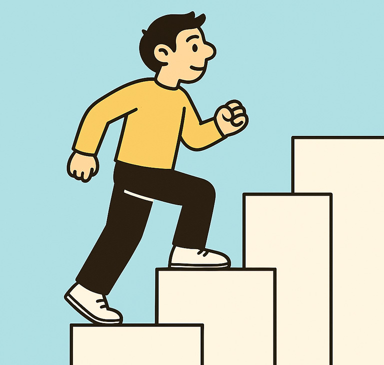 Illustrasjon av en person sm går opp en høy trapp med høye knær