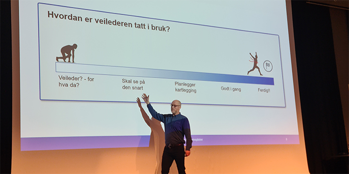 Bilde av en mann som peker på lerret, på lerrettet står det hvordan er veilederen tatt i bruk. deretter vises en søyla fra lite til godt kjent. 