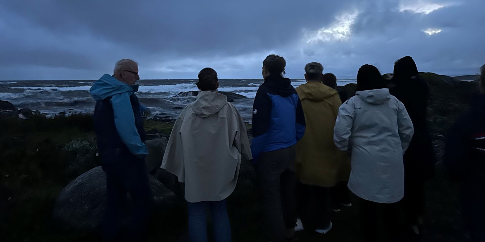 Rygen til ersoner som ser ut mot sjøen.